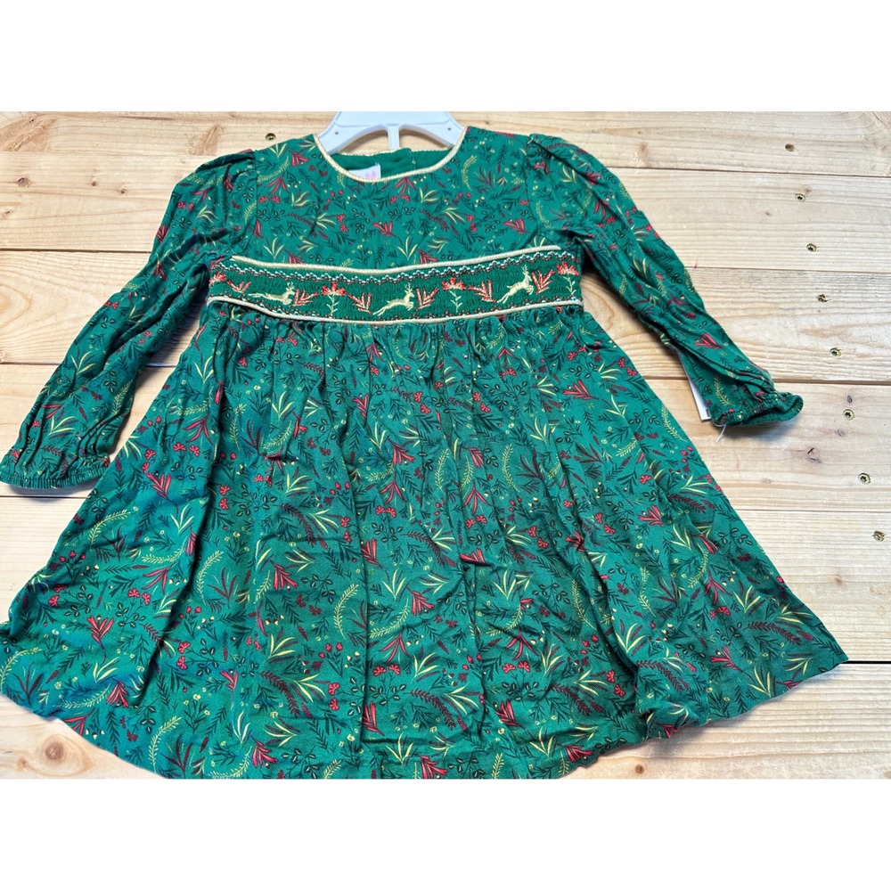 Bonnie Baby Girls Smocked Dress Green Reindeer Print Holiday Size 18M‎
